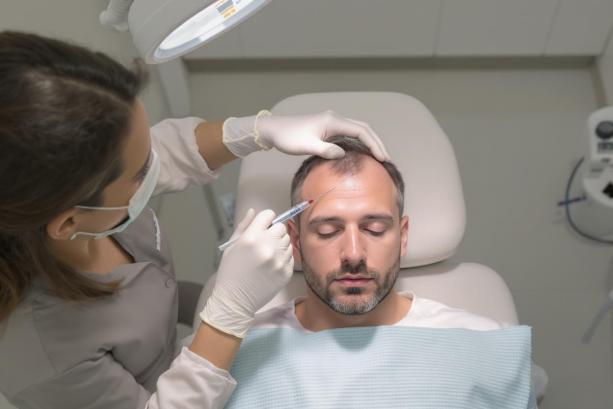 Medical professional performing PRP hair restoration treatment on patient's scalp